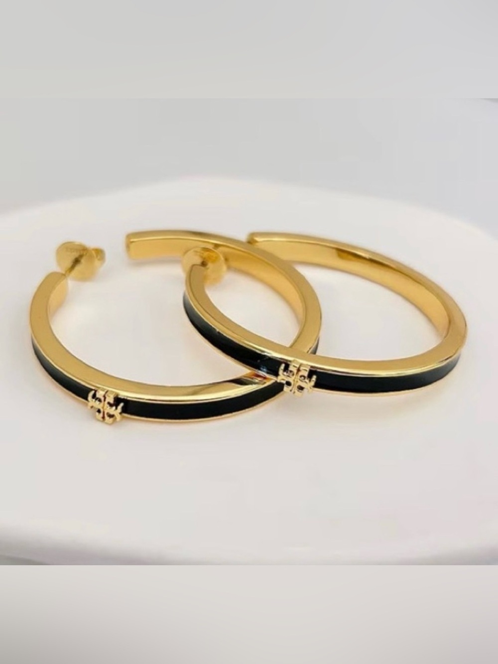 Tory Burch Gold and Black Line LargeHoop Earrings